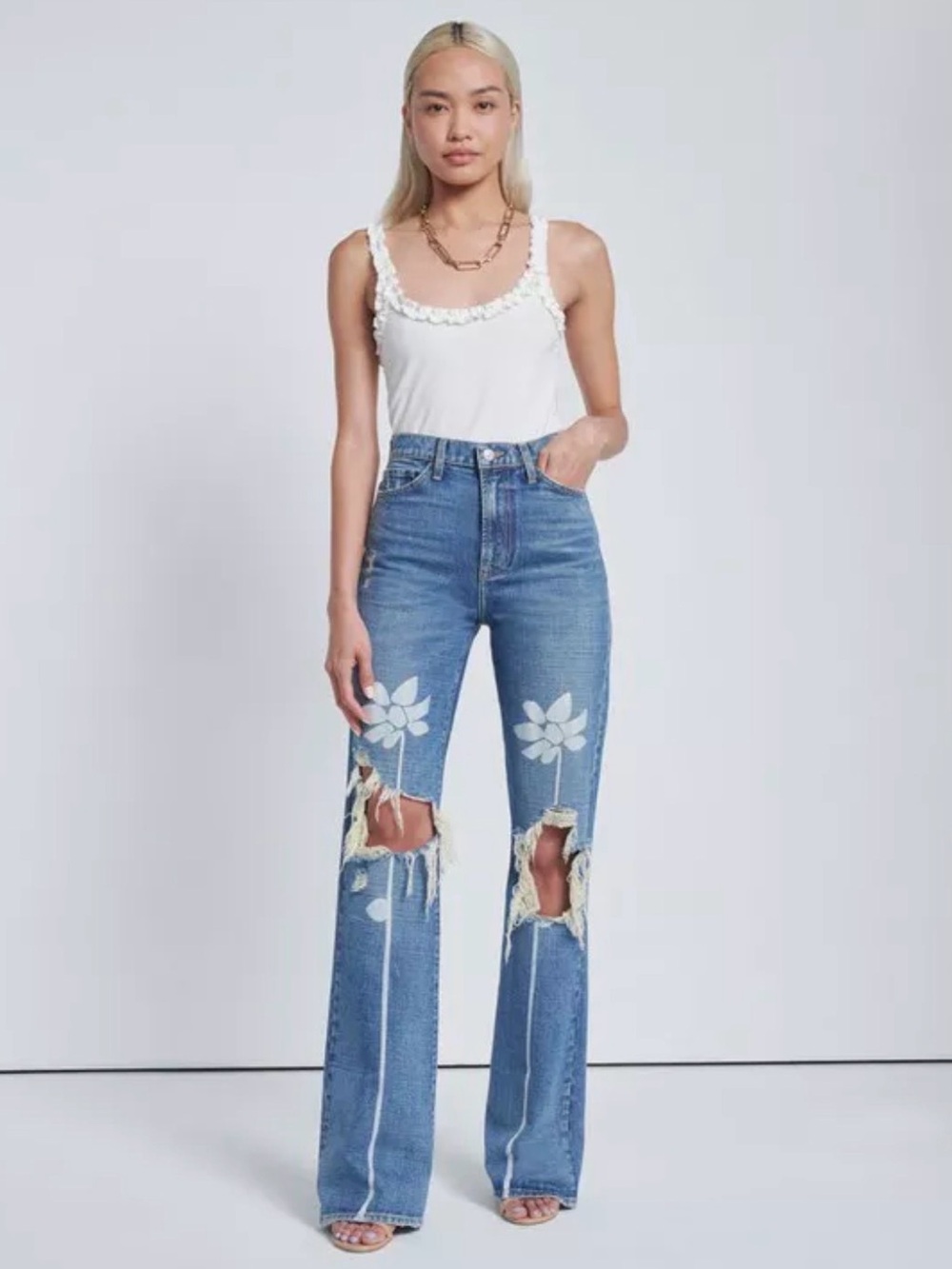 High-Waist Floral Patch Distressed Jeans - Blue